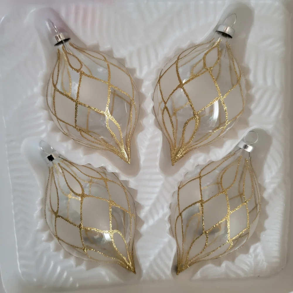 Set Of 3 Vintage Glass Christmas Tree Ornaments 12 Total Hand Painted Gold